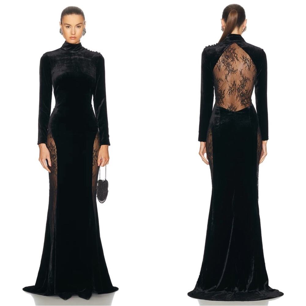 RETROFETE Amor Velvet Lace High Neck Sheer Long Sleeve Black Maxi Dress Size XS